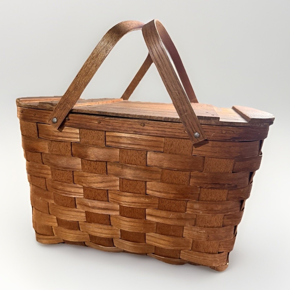 Vintage Mid Century Woven Wood Picnic Basket Signed East Wenatchee WA 1950s